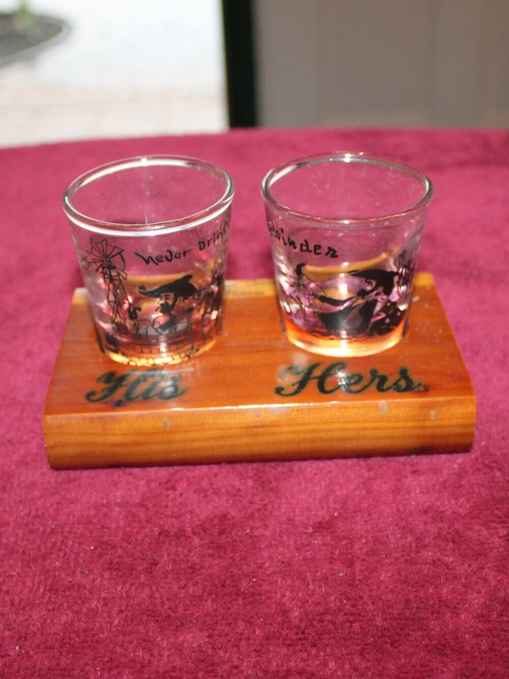 Vintage"His & Hers" shot glass set and wooden caddy